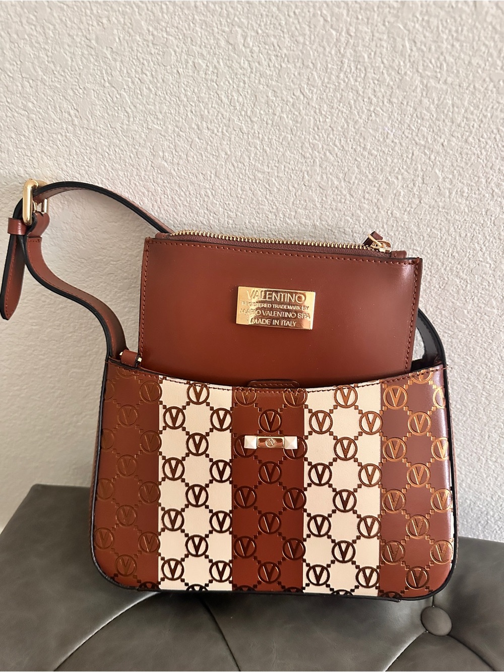 Valentino by Mario Brown Logo Stripe Leather Shoulder Bag